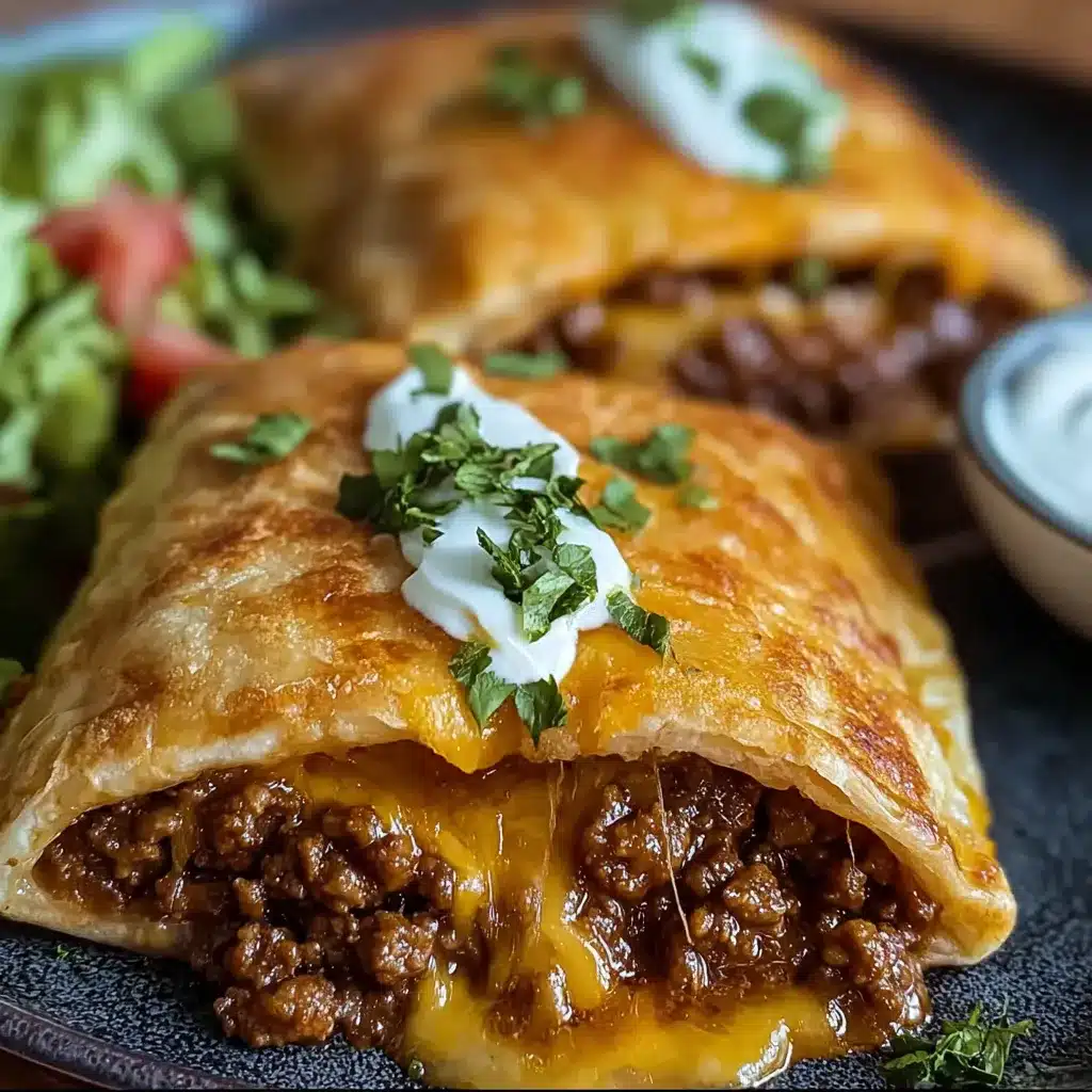Golden brown taco-stuffed cheesy pockets served on a tray with sour cream and salsa on the side