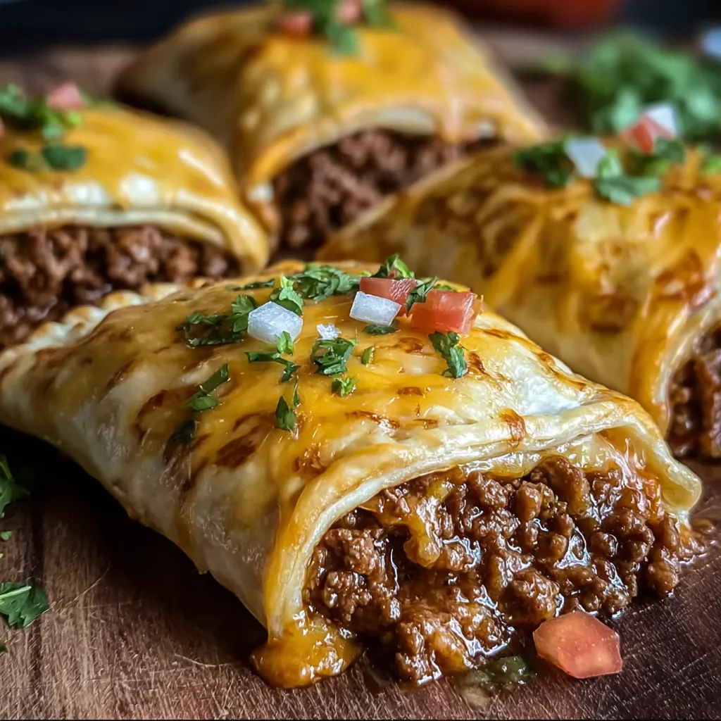 Golden brown taco-stuffed cheesy pockets served on a tray with sour cream and salsa on the side