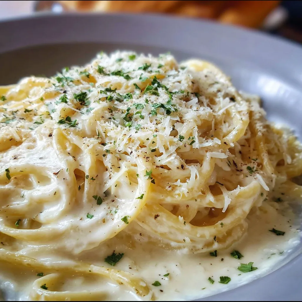 A skillet of homemade creamy Olive Garden Alfredo sauce with parsley garnish.