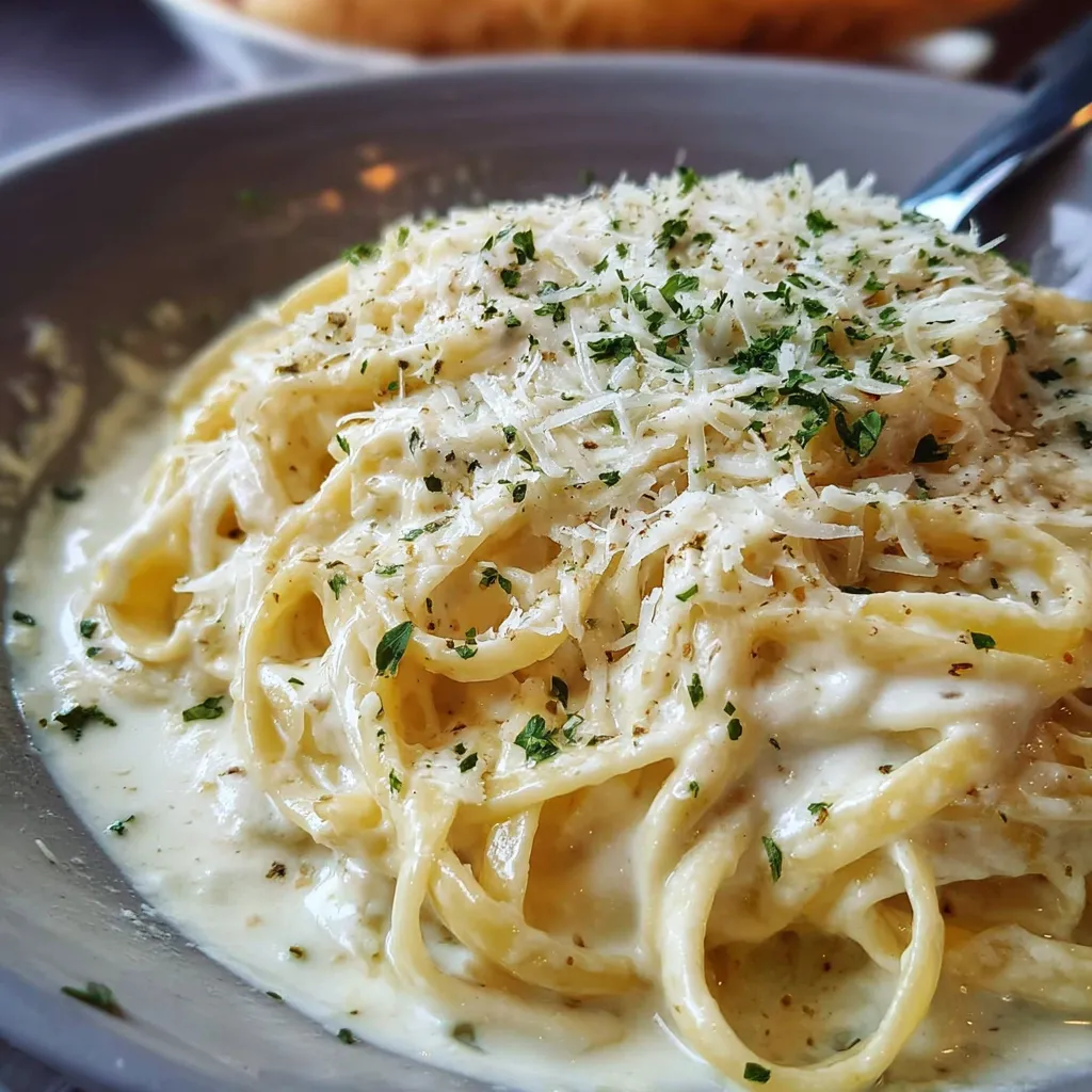 A skillet of homemade creamy Olive Garden Alfredo sauce with parsley garnish.