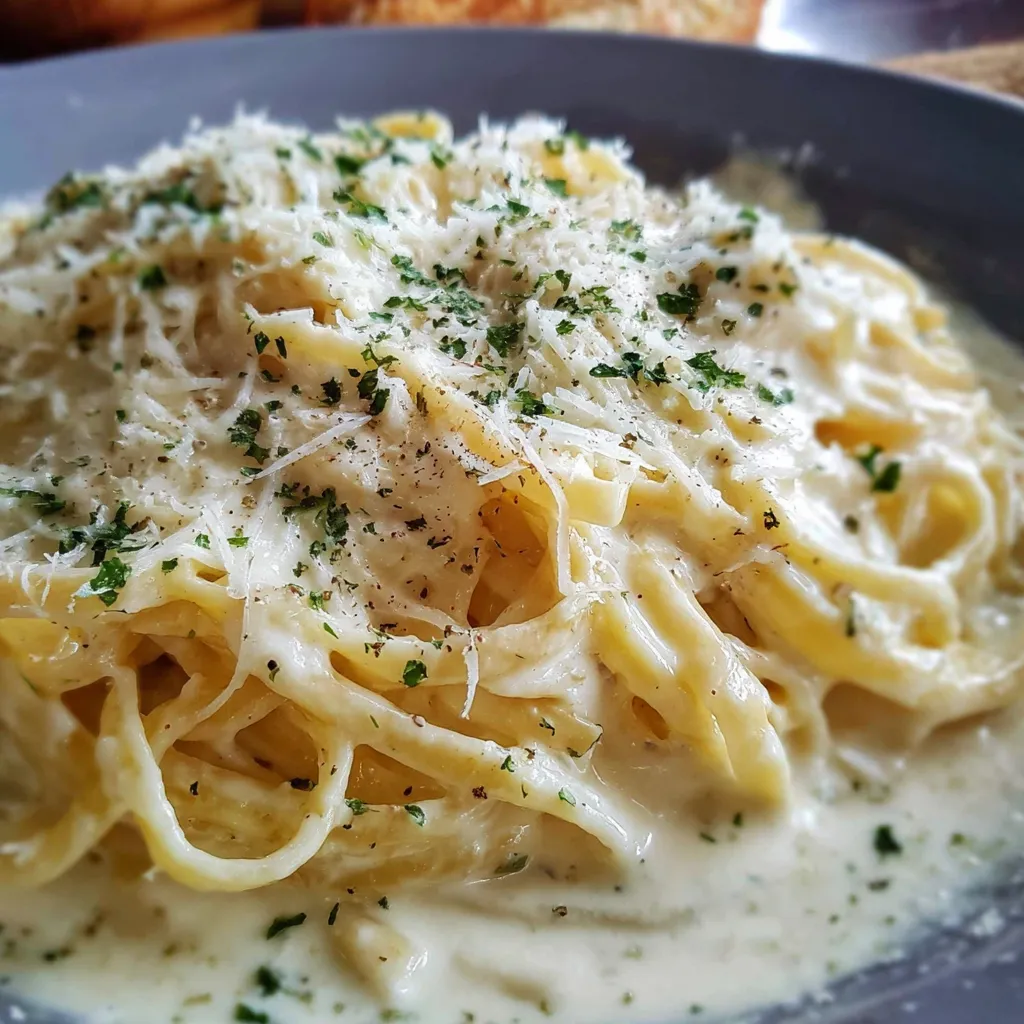 A skillet of homemade creamy Olive Garden Alfredo sauce with parsley garnish.