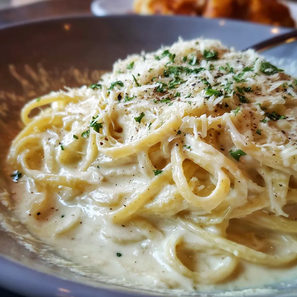 A skillet of homemade creamy Olive Garden Alfredo sauce with parsley garnish.