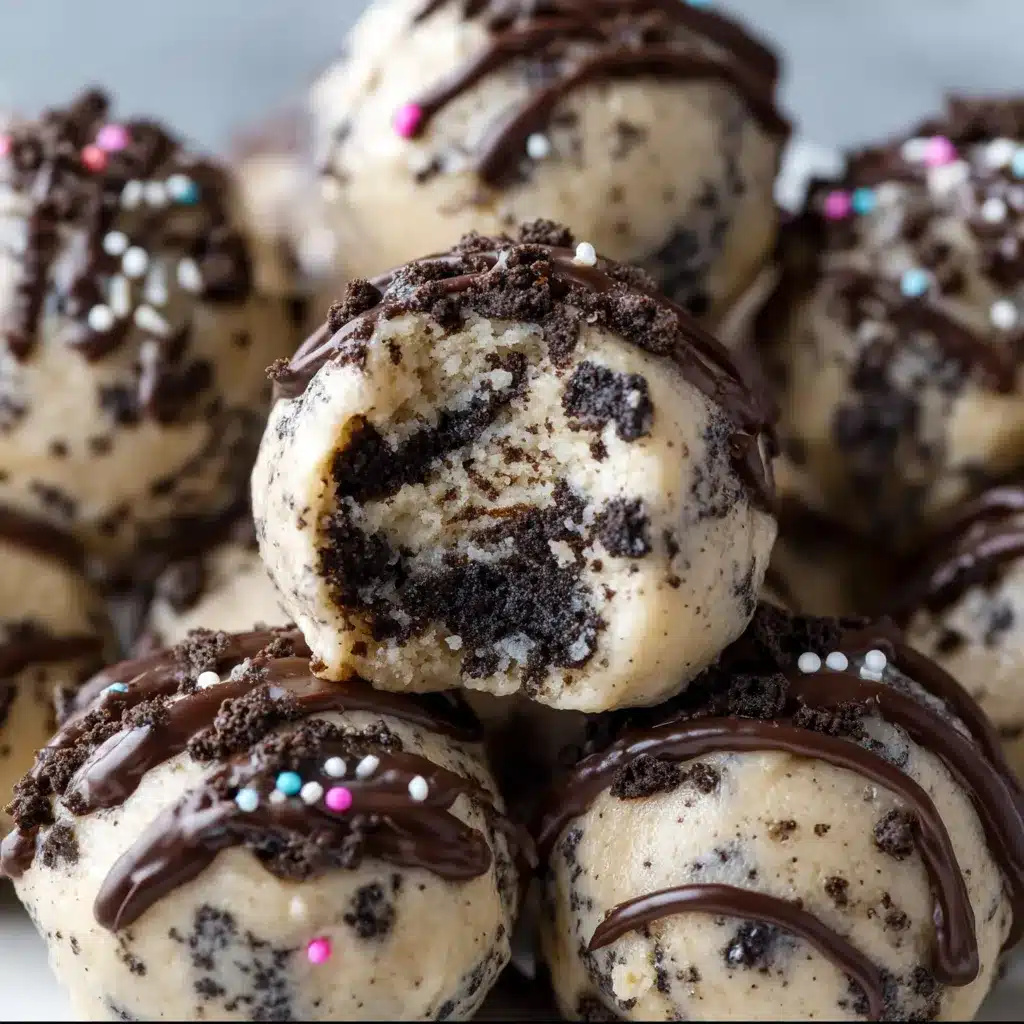Close-up of chocolate-dipped Oreo cookie dough bites on a parchment-lined tray.