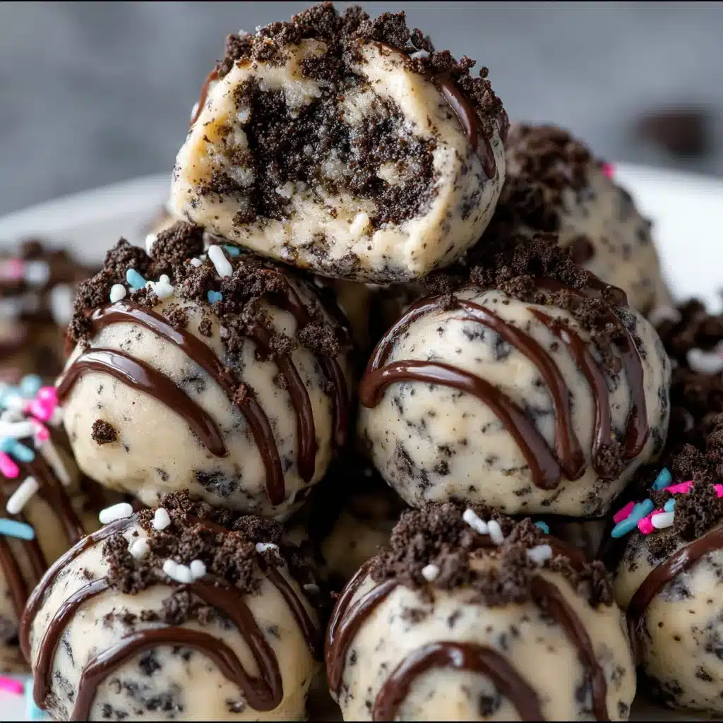 Close-up of chocolate-dipped Oreo cookie dough bites on a parchment-lined tray.