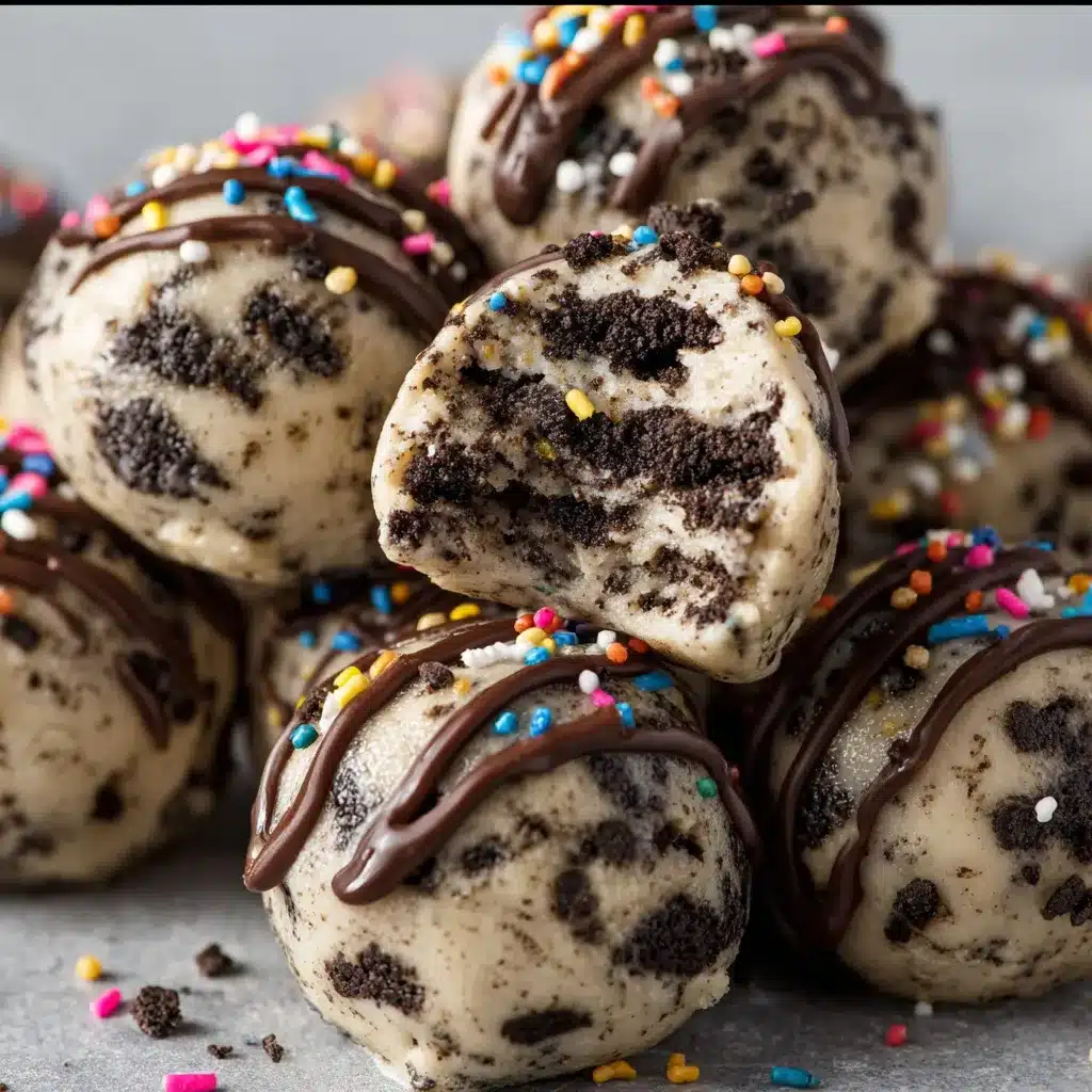 Close-up of chocolate-dipped Oreo cookie dough bites on a parchment-lined tray.