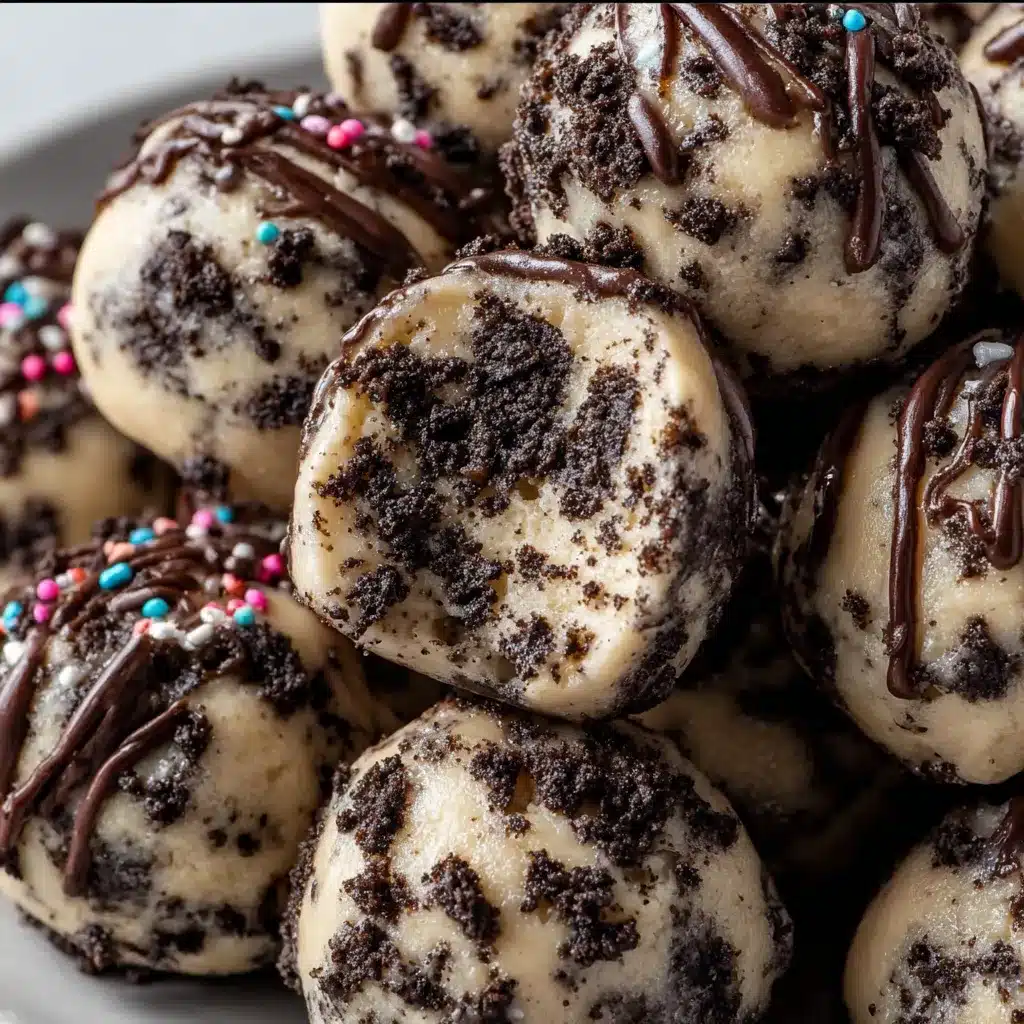 Close-up of chocolate-dipped Oreo cookie dough bites on a parchment-lined tray.