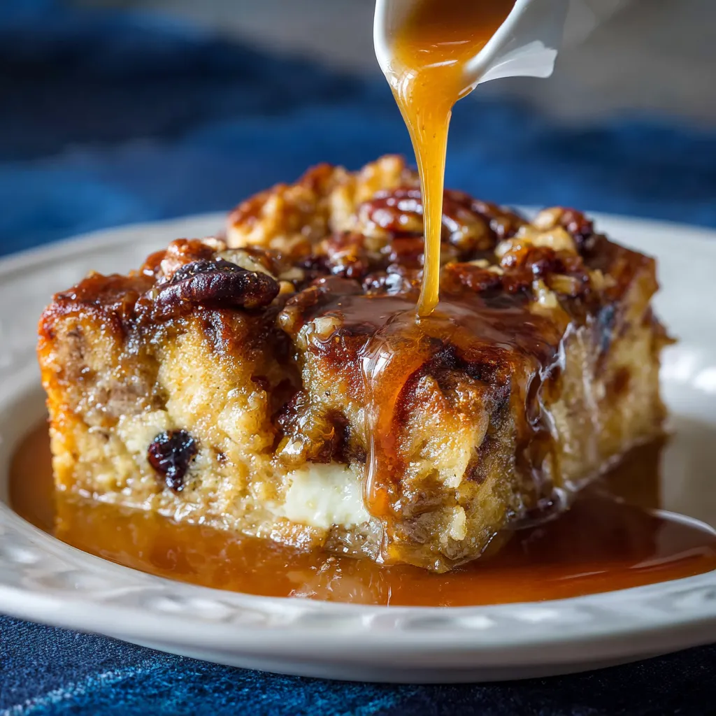 Freshly baked Orleans Bread Pudding topped with warm bourbon sauce in a white dish.