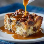 Freshly baked Orleans Bread Pudding topped with warm bourbon sauce in a white dish.