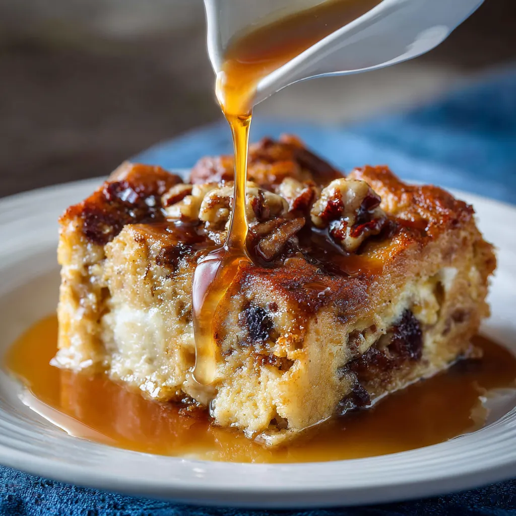Freshly baked Orleans Bread Pudding topped with warm bourbon sauce in a white dish.