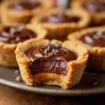 Freshly baked Reese’s Peanut Butter Cookie Cups with melted chocolate drizzle on top.