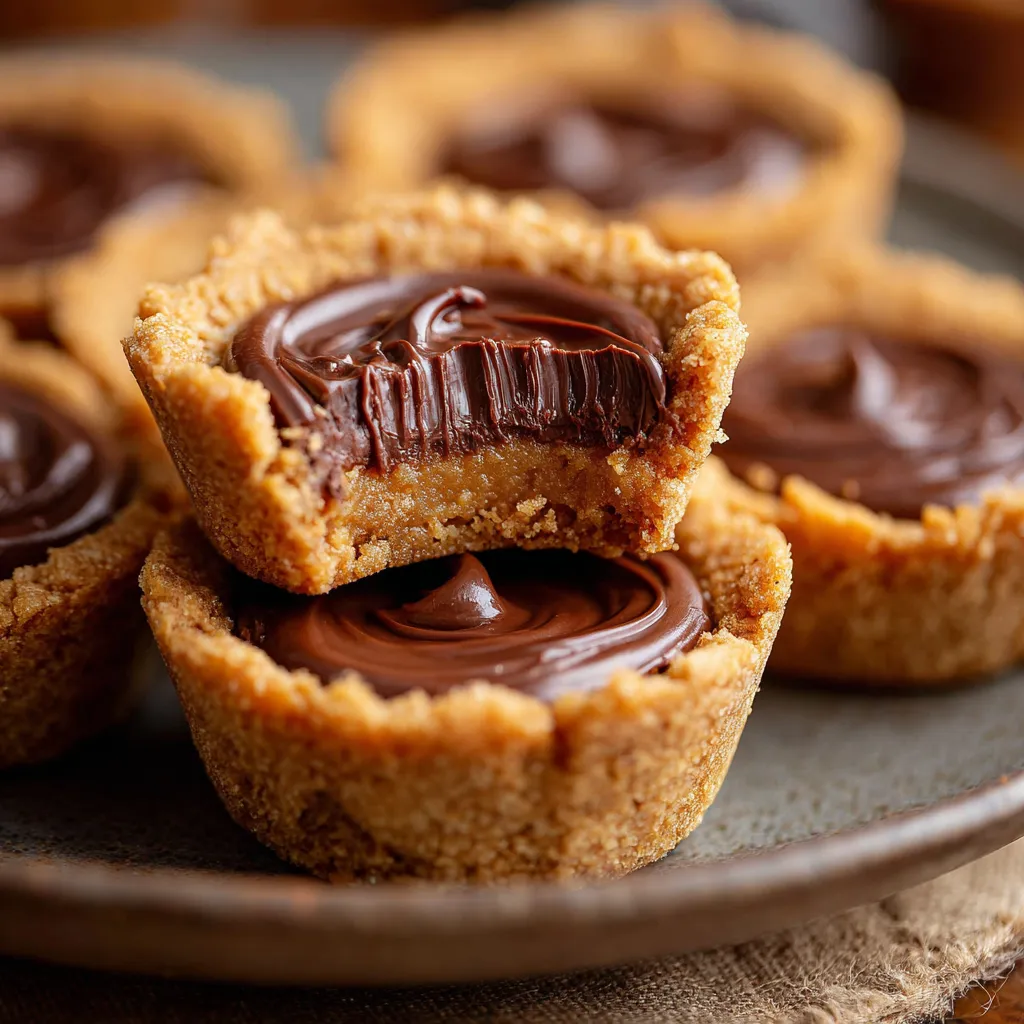 Freshly baked Reese’s Peanut Butter Cookie Cups with melted chocolate drizzle on top.
