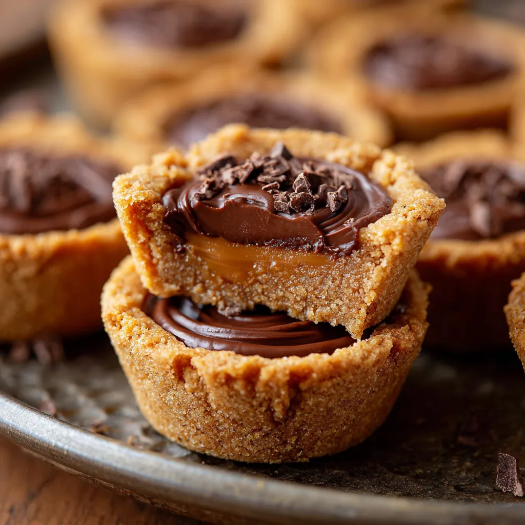 Freshly baked Reese’s Peanut Butter Cookie Cups with melted chocolate drizzle on top.