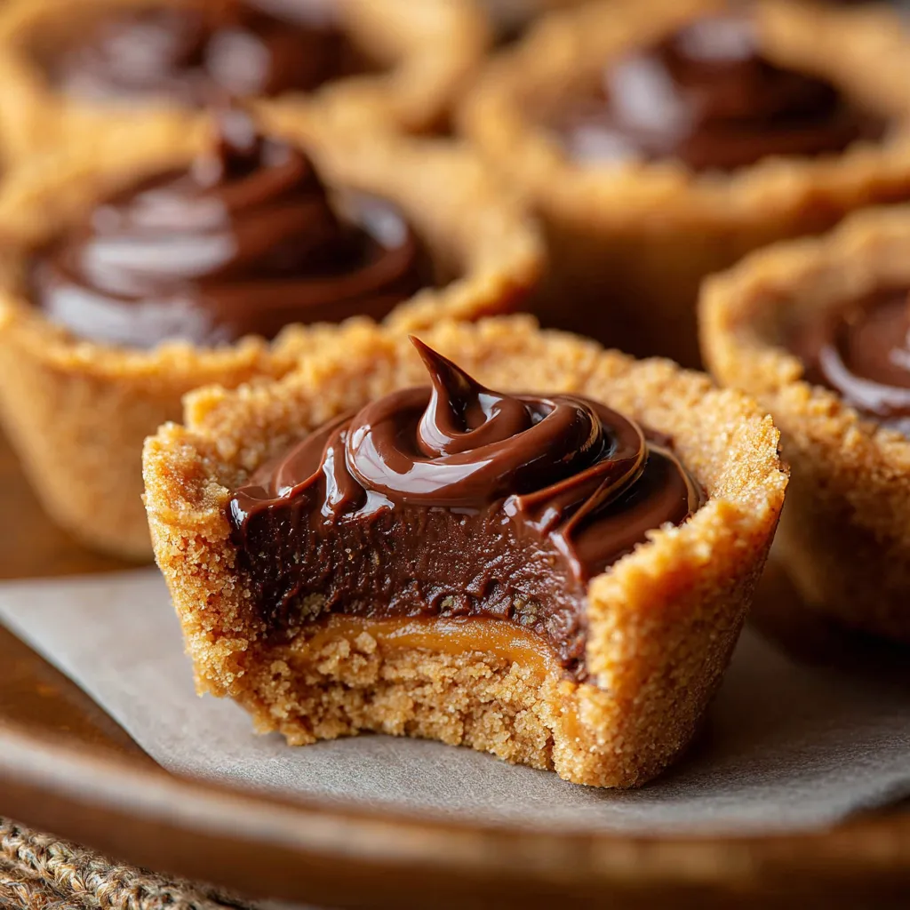 Freshly baked Reese’s Peanut Butter Cookie Cups with melted chocolate drizzle on top.