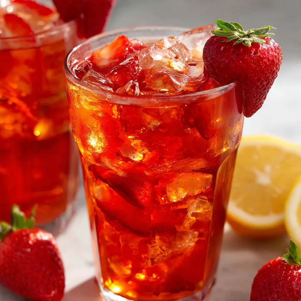 Glass of refreshing Southern strawberry iced tea with fresh mint and strawberry slices on ice
