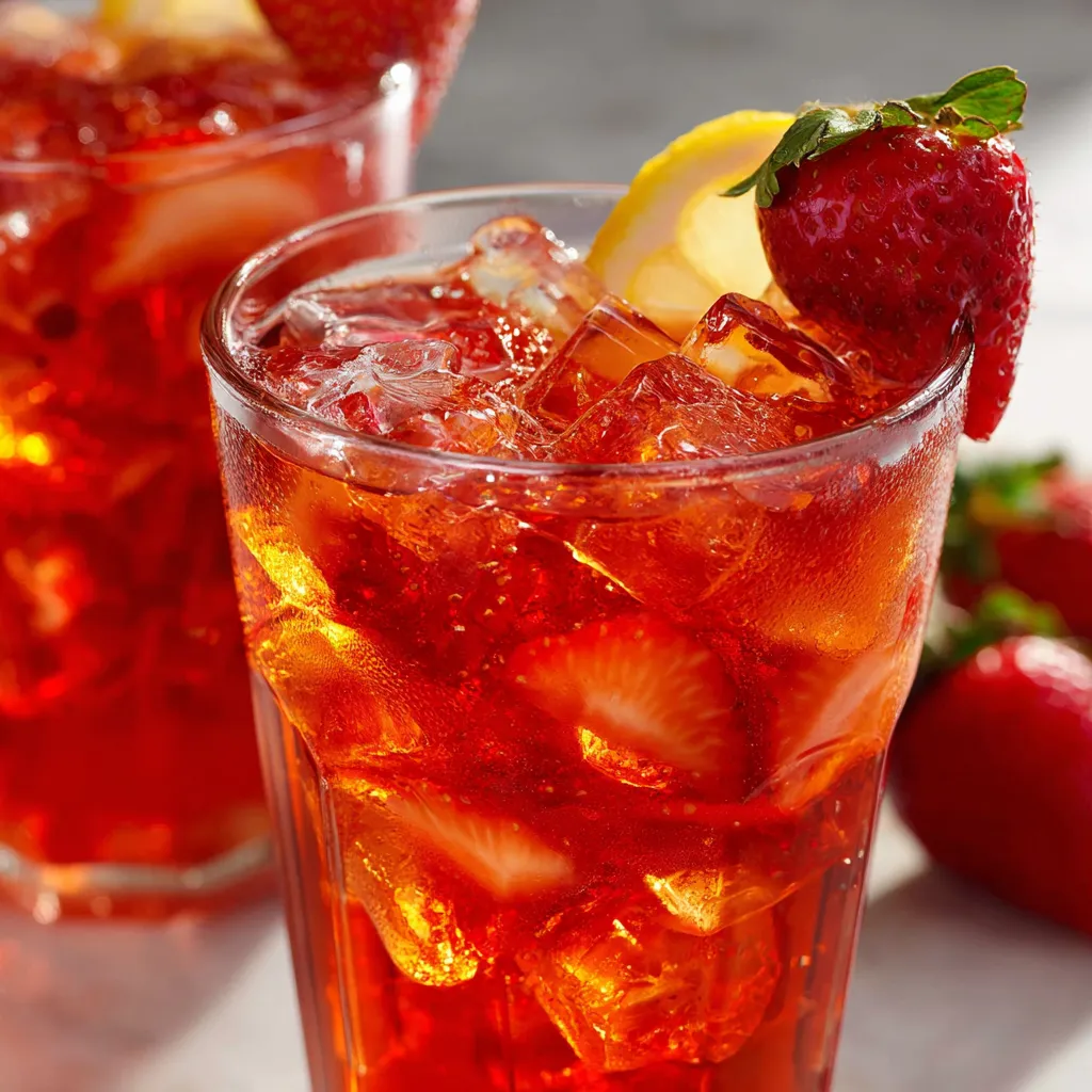Glass of refreshing Southern strawberry iced tea with fresh mint and strawberry slices on ice