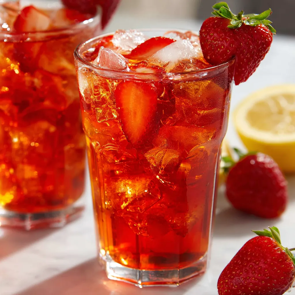 Glass of refreshing Southern strawberry iced tea with fresh mint and strawberry slices on ice