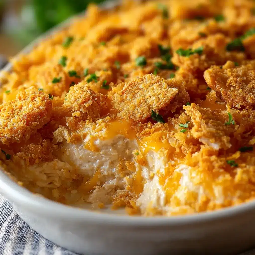 Baked Ritz Cracker Chicken Casserole in a white ceramic dish with golden crispy topping.