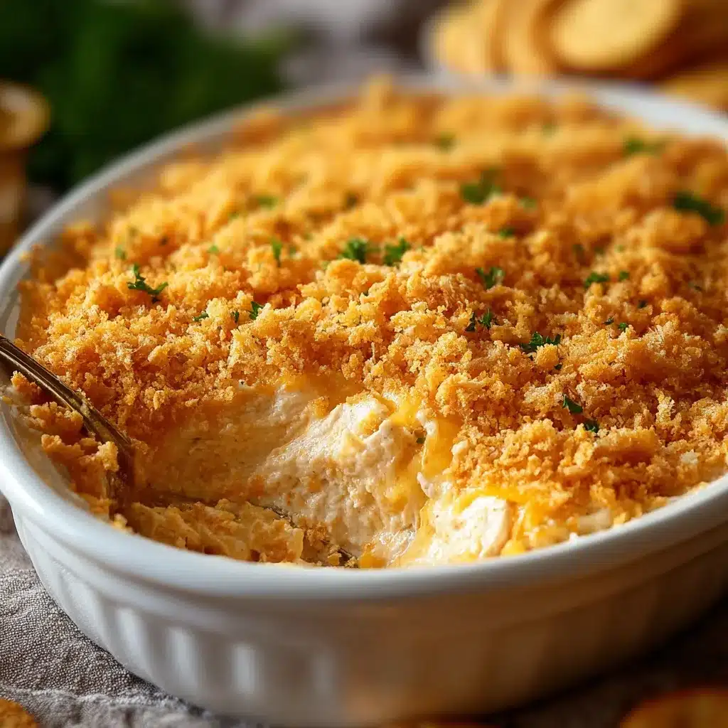 Baked Ritz Cracker Chicken Casserole in a white ceramic dish with golden crispy topping.