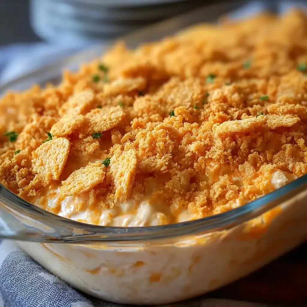Baked Ritz Cracker Chicken Casserole in a white ceramic dish with golden crispy topping.
