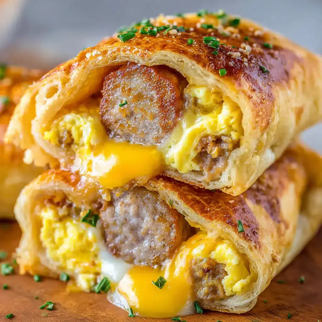 Golden-brown sausage, egg, and cheese breakfast roll-ups fresh out of the oven on a parchment-lined tray.