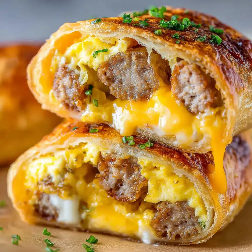 Golden-brown sausage, egg, and cheese breakfast roll-ups fresh out of the oven on a parchment-lined tray.