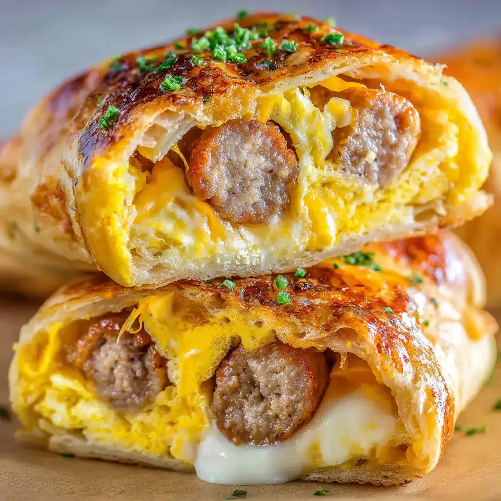 Golden-brown sausage, egg, and cheese breakfast roll-ups fresh out of the oven on a parchment-lined tray.