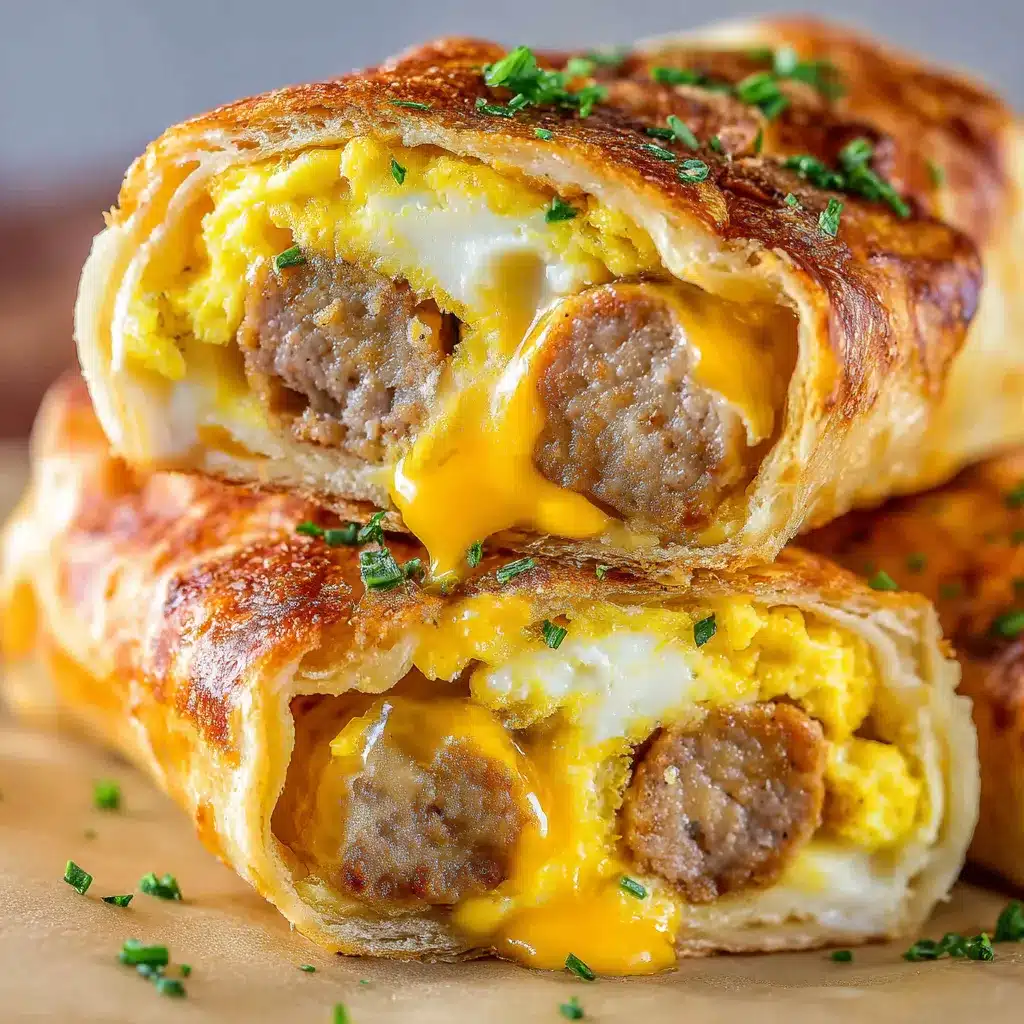 Golden-brown sausage, egg, and cheese breakfast roll-ups fresh out of the oven on a parchment-lined tray.