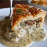 Freshly baked sausage gravy biscuit pie topped with golden cheddar cheese and flaky biscuits.