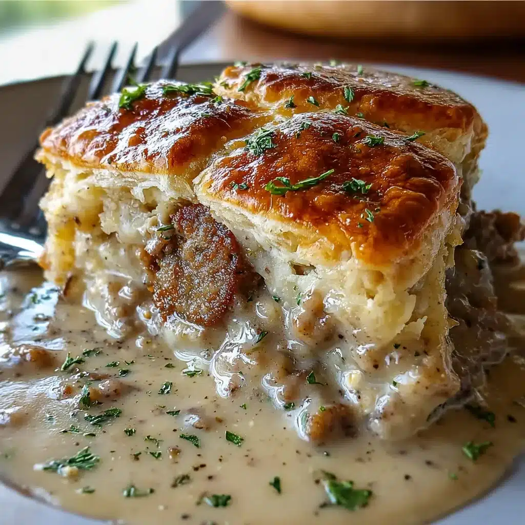 Freshly baked sausage gravy biscuit pie topped with golden cheddar cheese and flaky biscuits.