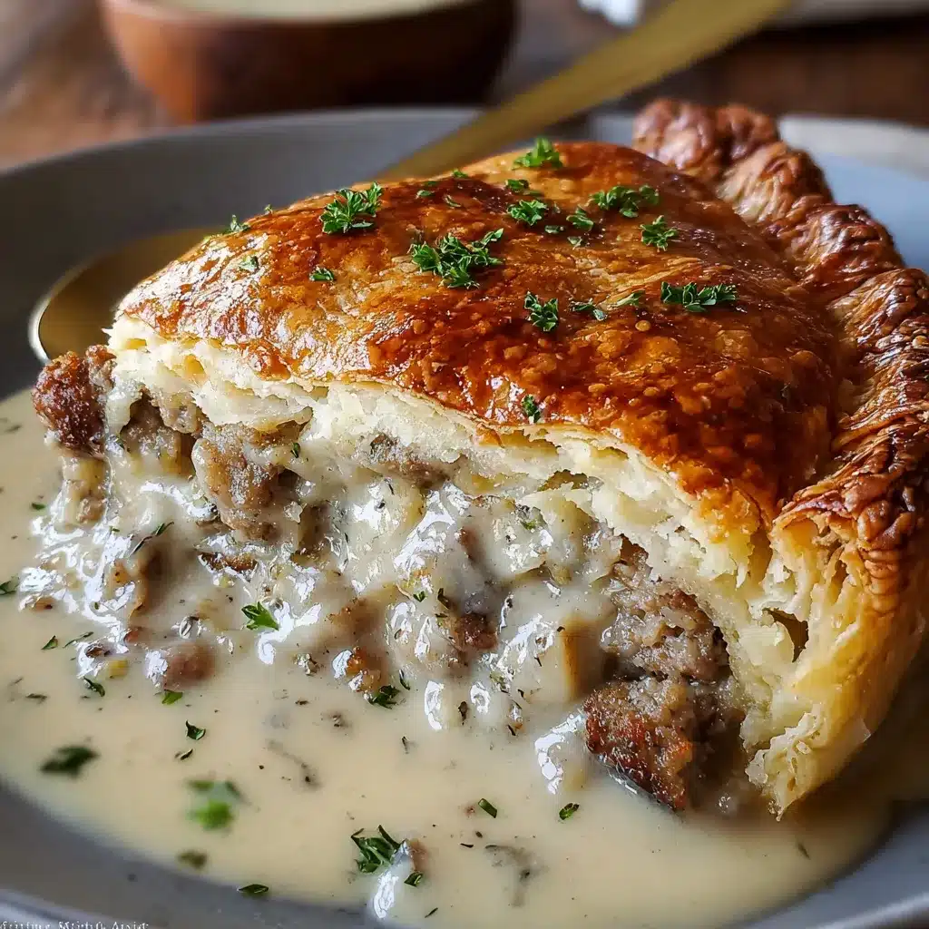 Freshly baked sausage gravy biscuit pie topped with golden cheddar cheese and flaky biscuits.
