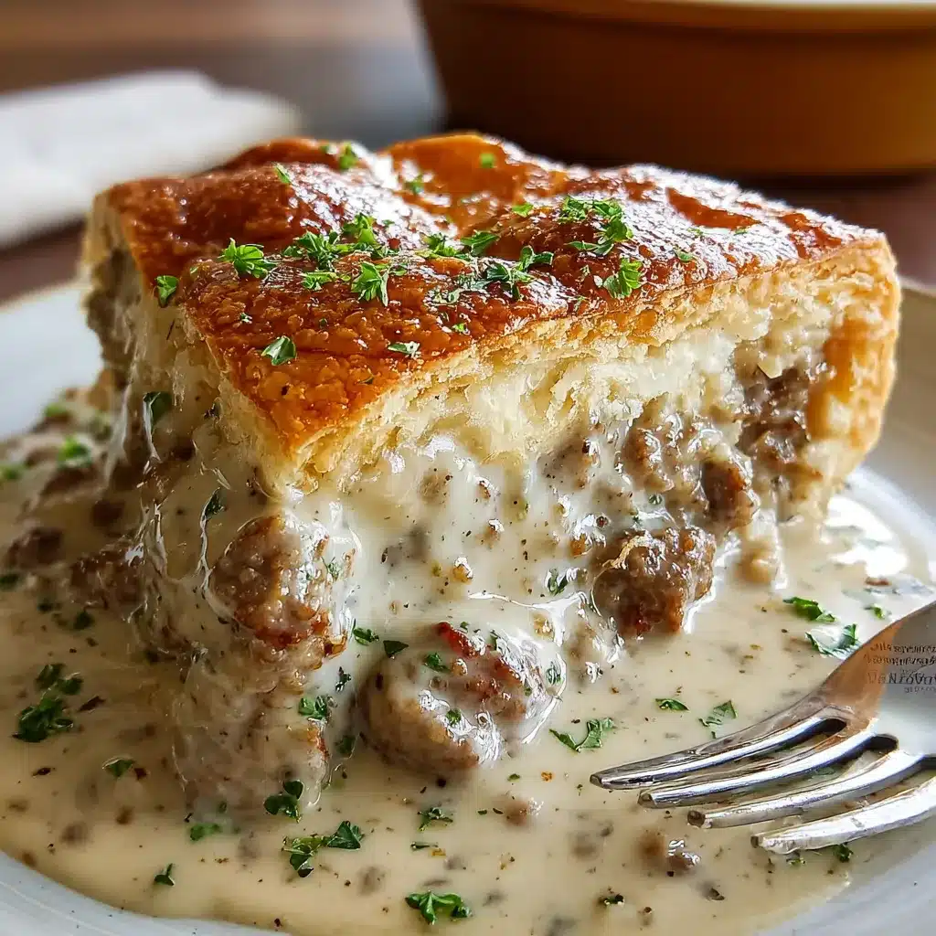 Freshly baked sausage gravy biscuit pie topped with golden cheddar cheese and flaky biscuits.
