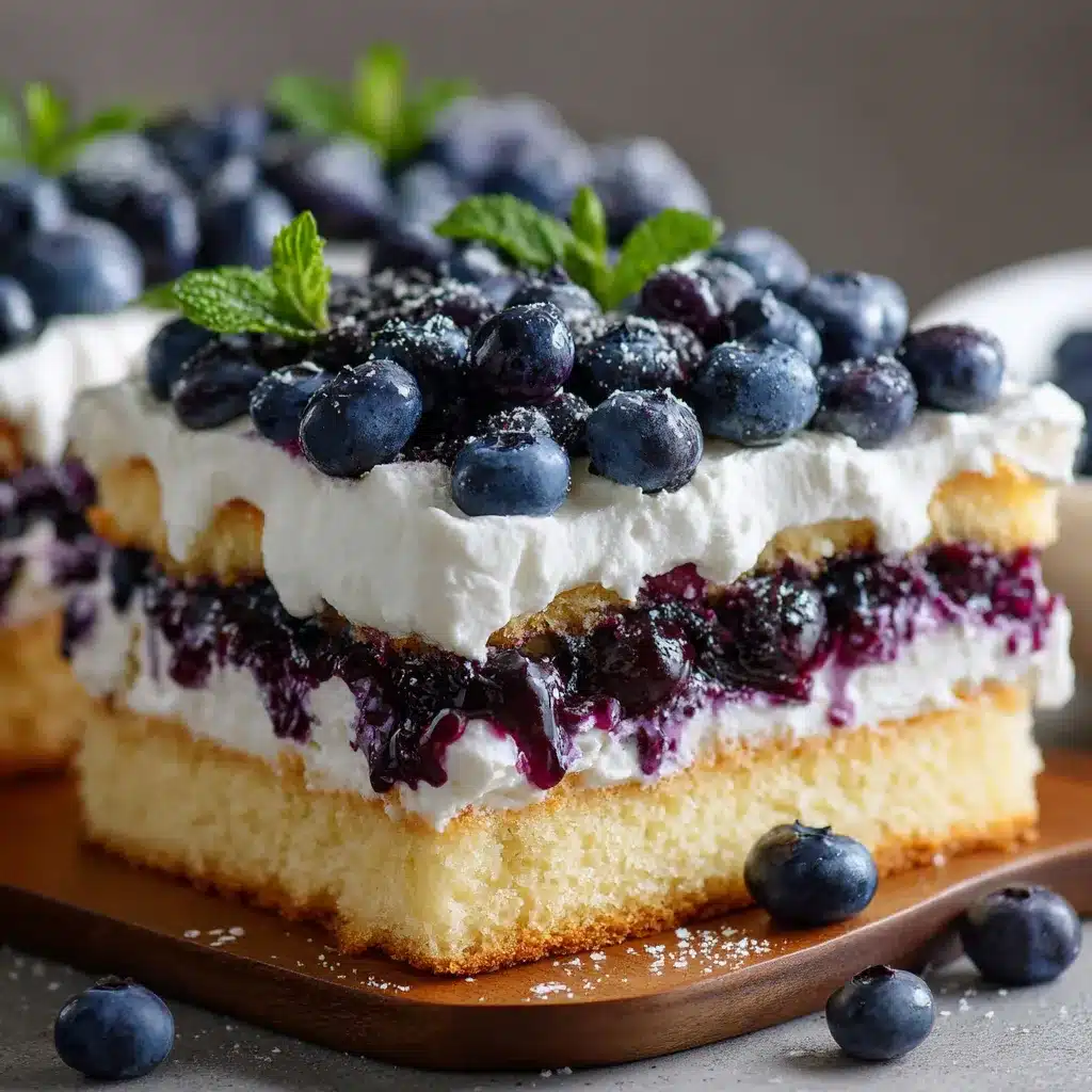 Sheet pan blueberry shortcake squares topped with whipped cream on parchment paper.