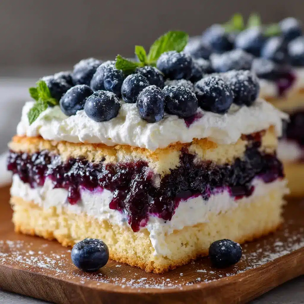 Sheet pan blueberry shortcake squares topped with whipped cream on parchment paper.