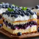 Sheet pan blueberry shortcake squares topped with whipped cream on parchment paper.