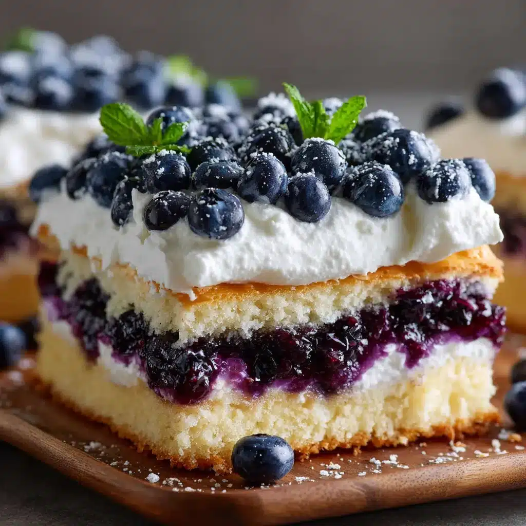 Sheet pan blueberry shortcake squares topped with whipped cream on parchment paper.