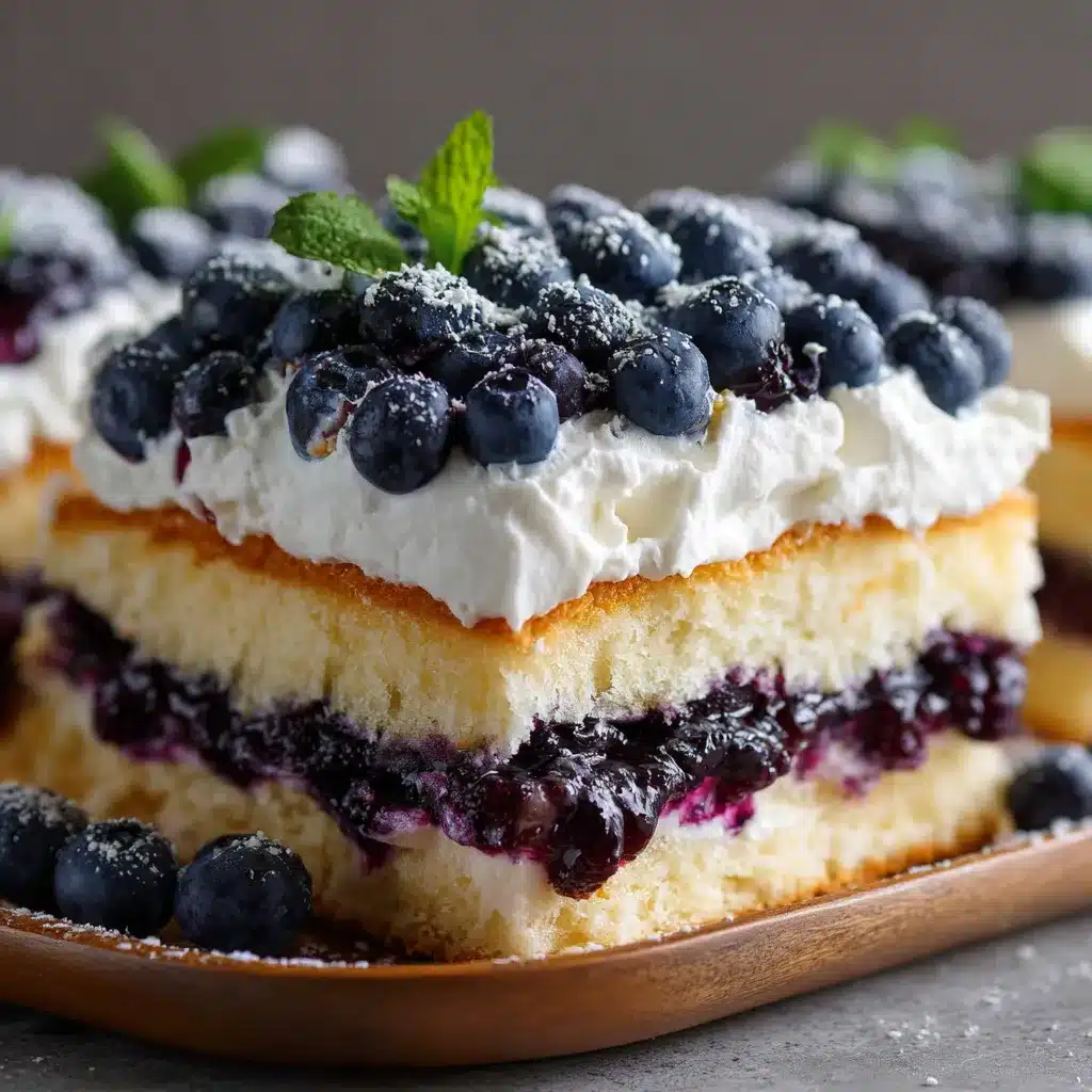 Sheet pan blueberry shortcake squares topped with whipped cream on parchment paper.