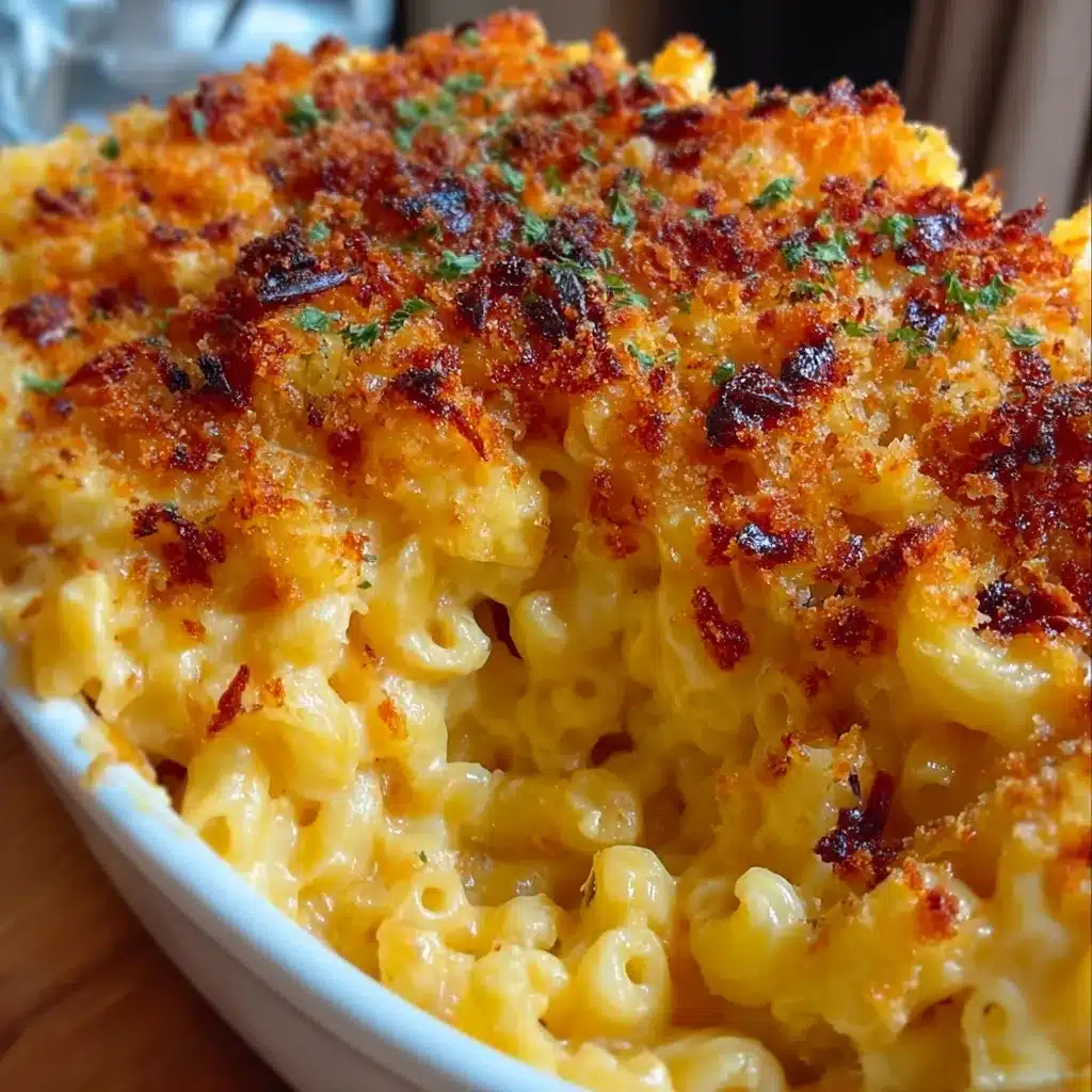 Golden baked mac and cheese in a casserole dish topped with bubbling melted cheese and crispy breadcrumbs.