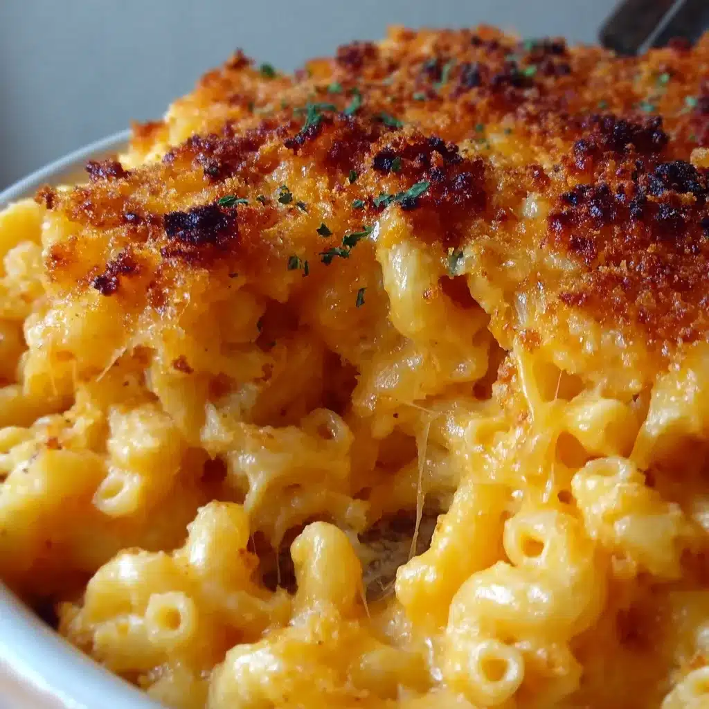 Golden baked mac and cheese in a casserole dish topped with bubbling melted cheese and crispy breadcrumbs.