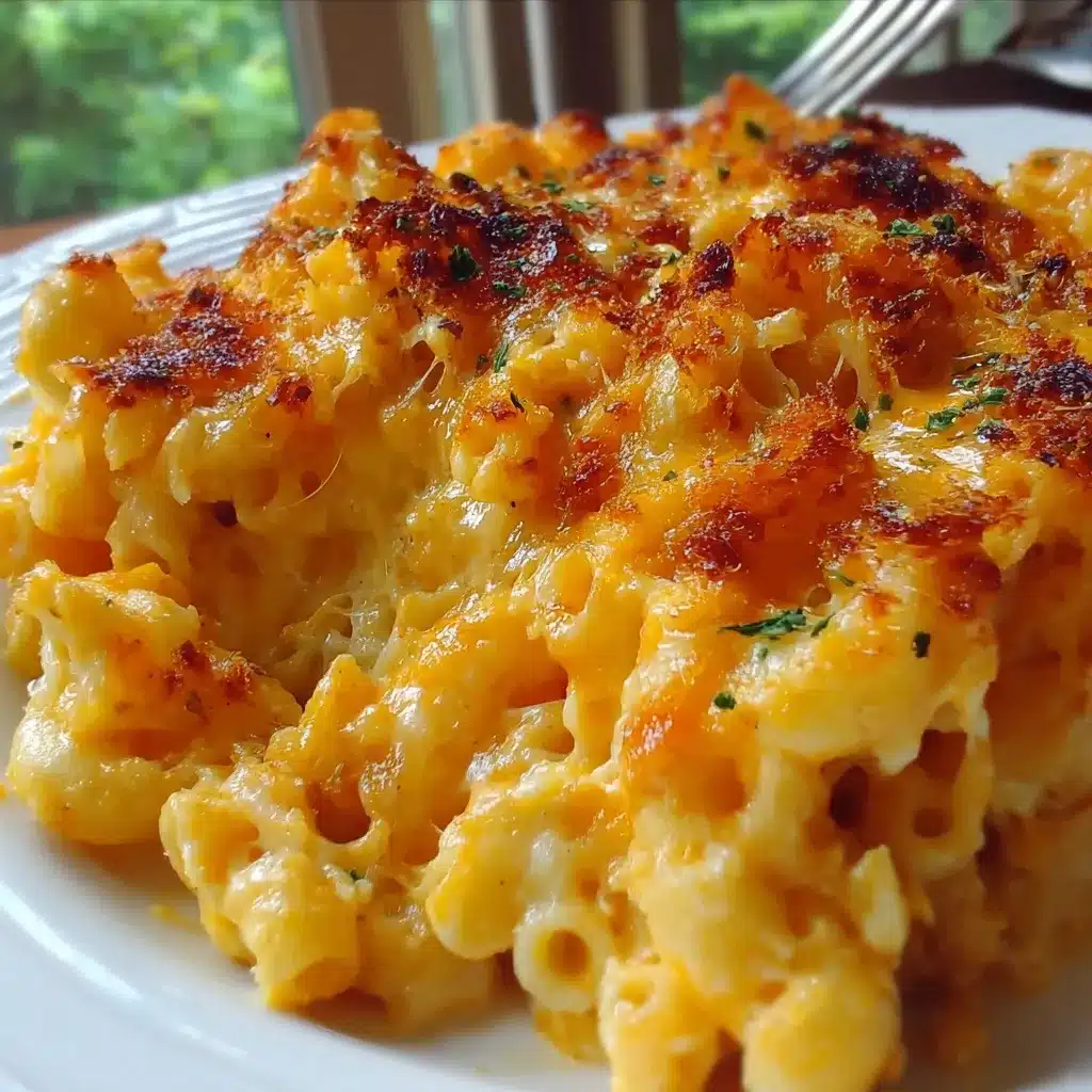 Golden baked mac and cheese in a casserole dish topped with bubbling melted cheese and crispy breadcrumbs.