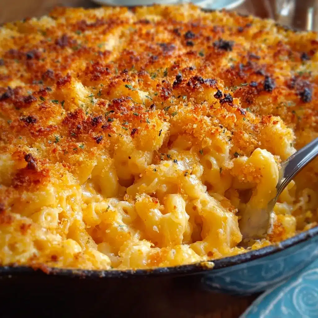 Golden baked mac and cheese in a casserole dish topped with bubbling melted cheese and crispy breadcrumbs.
