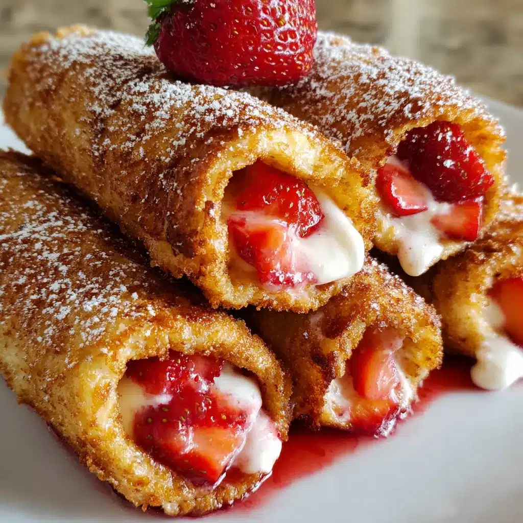 Strawberry French Toast Roll-Ups on a white plate topped with fresh berries and maple syrup