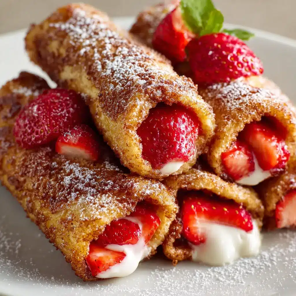 Strawberry French Toast Roll-Ups on a white plate topped with fresh berries and maple syrup