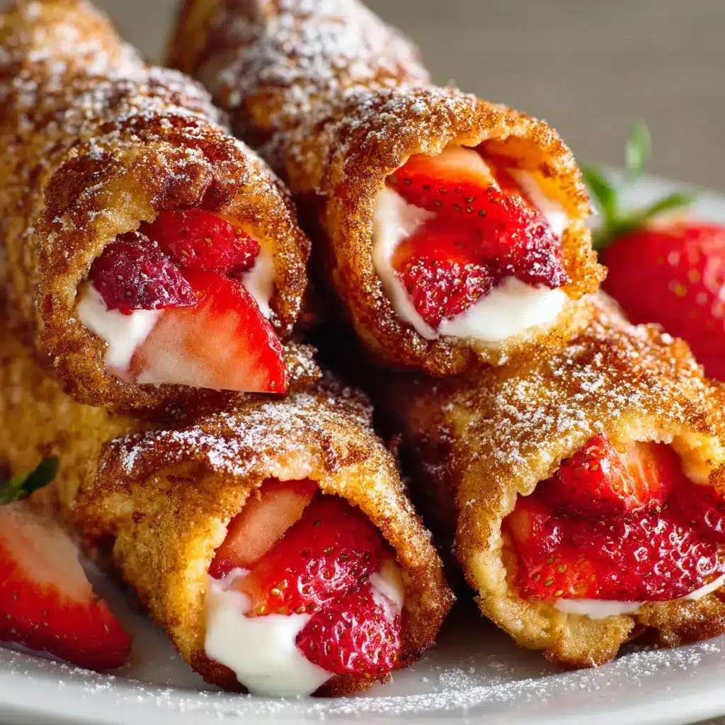 Strawberry French Toast Roll-Ups on a white plate topped with fresh berries and maple syrup