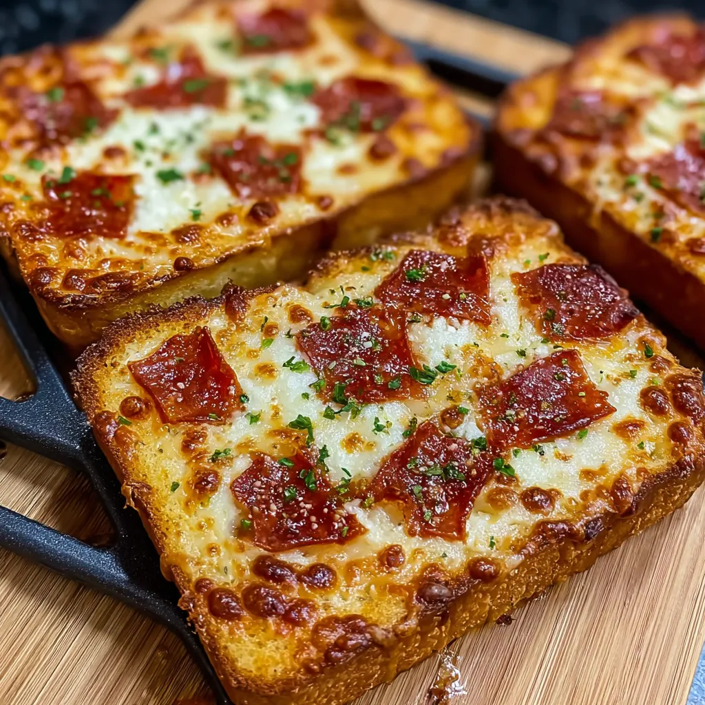 Golden Texas toast pizza slices topped with melted mozzarella and pepperoni, served fresh from the air fryer.