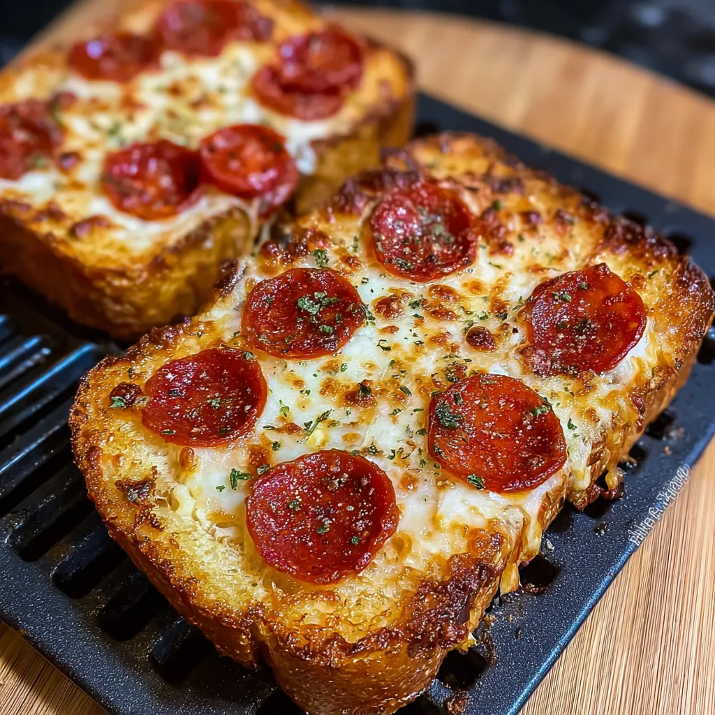 Golden Texas toast pizza slices topped with melted mozzarella and pepperoni, served fresh from the air fryer.