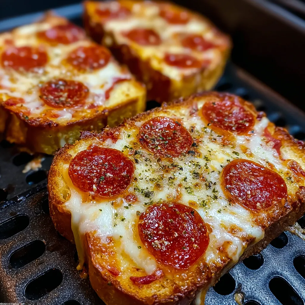 Golden Texas toast pizza slices topped with melted mozzarella and pepperoni, served fresh from the air fryer.