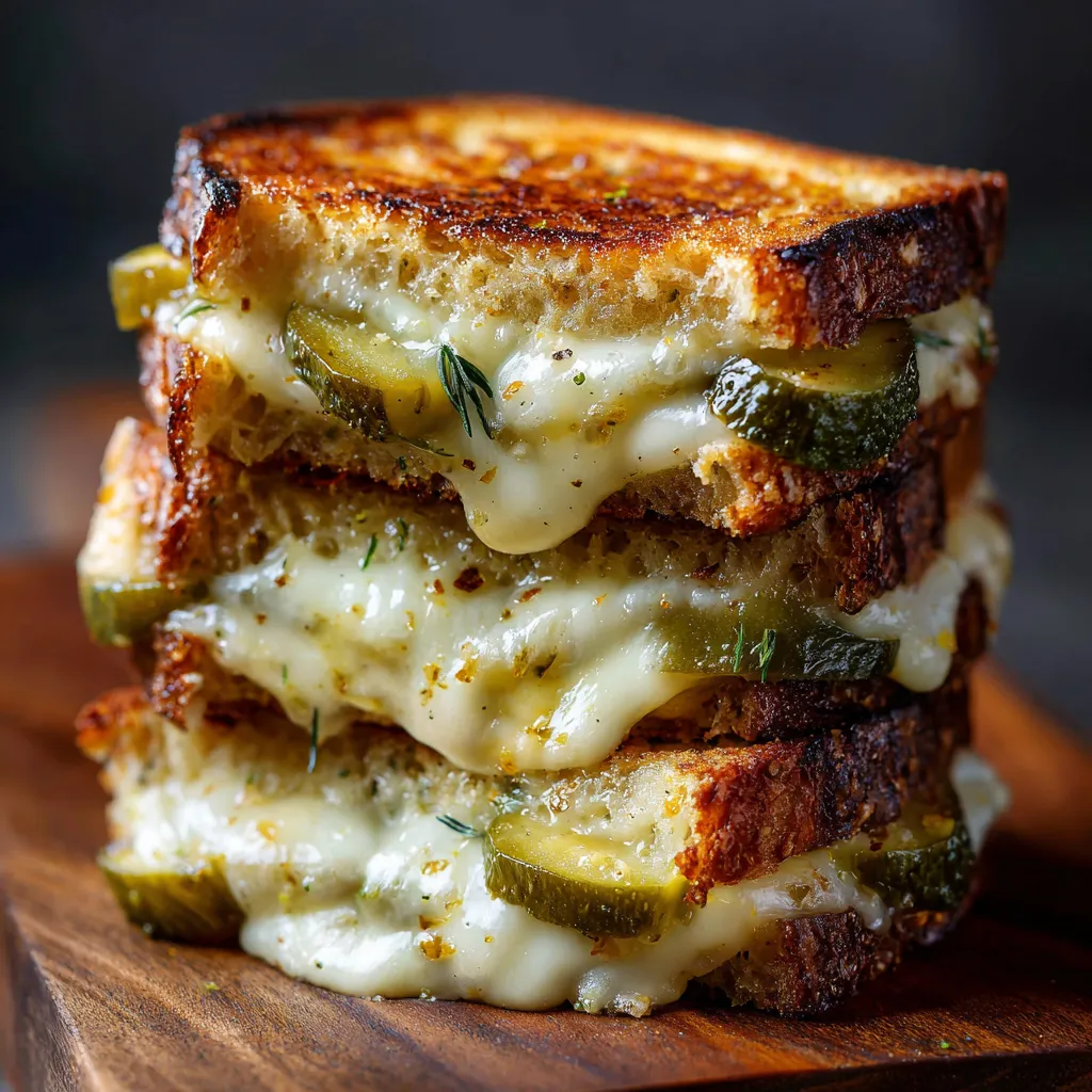 Grilled cheese sandwich with golden sourdough, melted cheddar and mozzarella, and dill pickles spilling from the sides.