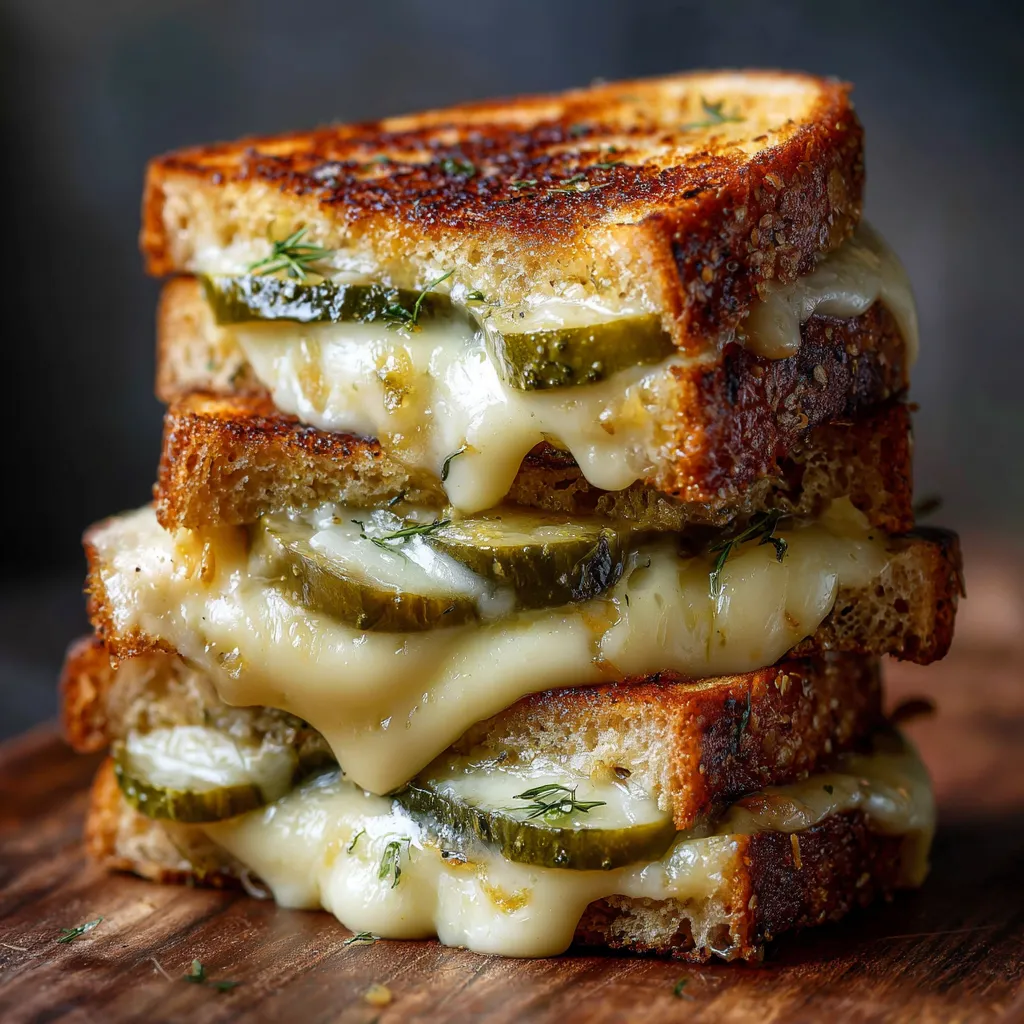 Grilled cheese sandwich with golden sourdough, melted cheddar and mozzarella, and dill pickles spilling from the sides.