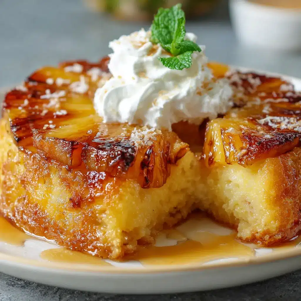 Golden pineapple bake topped with shredded coconut and crushed crackers in a baking dish