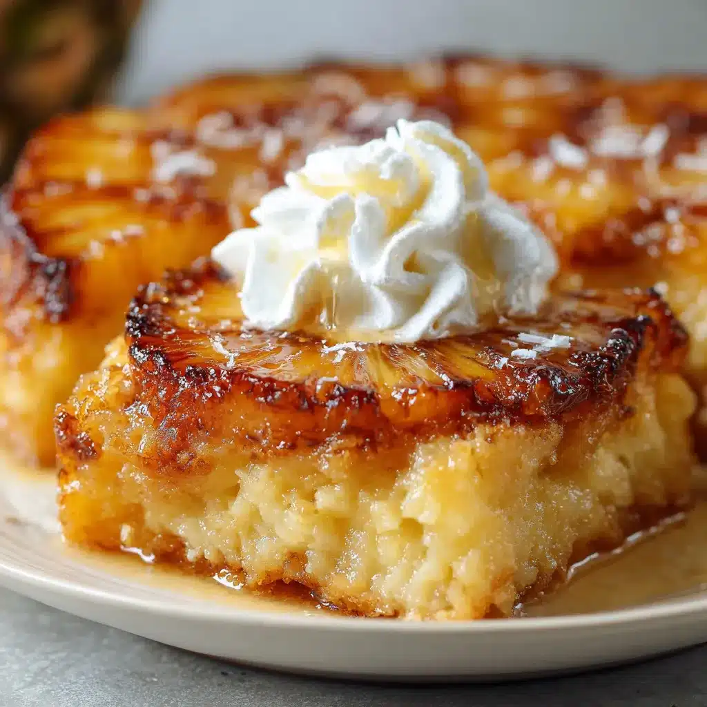 Golden pineapple bake topped with shredded coconut and crushed crackers in a baking dish